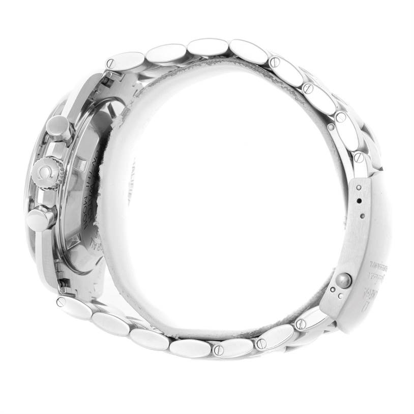 The image shows a side view of the Omega Speedmaster 311.30.42.30.01.005 Men
s Stainless Steel Black Dial 311.30.42.30.01.005 Men
s Stainless Steel Black Dial watch, highlighting the crown, pushers, and part of the bracelet.