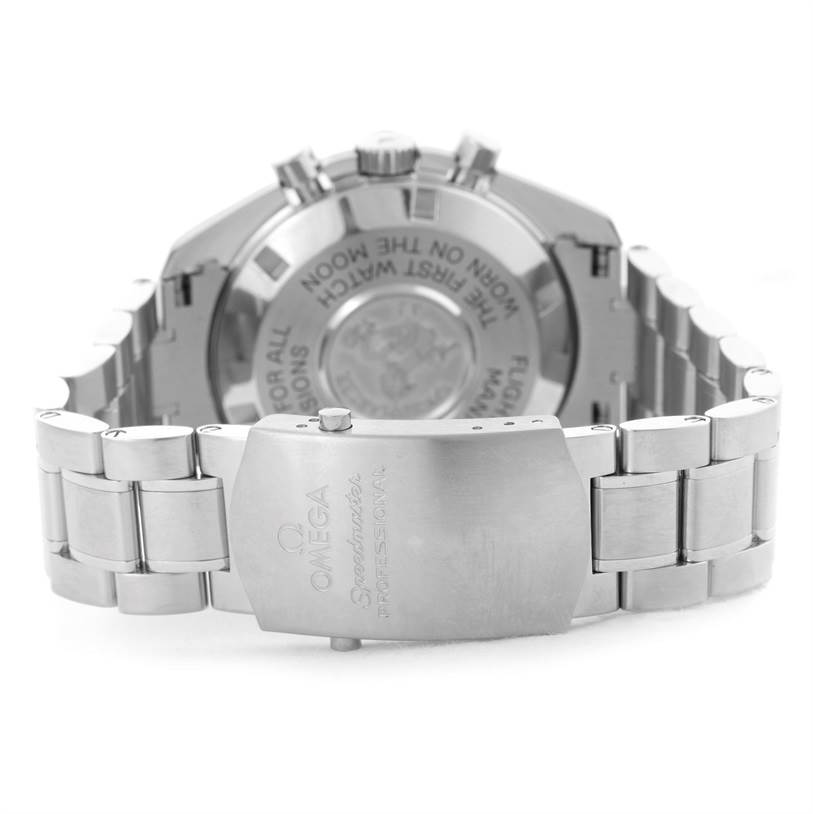 This image shows the back and clasp of an Omega Speedmaster 311.30.42.30.01.005 Men
s Stainless Steel Black Dial 311.30.42.30.01.005 Men
s Stainless Steel Black Dial watch, highlighting the engraved clasp and case back.