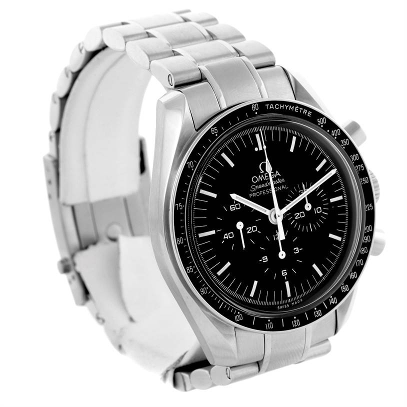 This image shows a front angled view of the Omega Speedmaster 311.30.42.30.01.005 Men
s Stainless Steel Black Dial 311.30.42.30.01.005 Men
s Stainless Steel Black Dial watch, displaying its face, bezel, and steel bracelet.