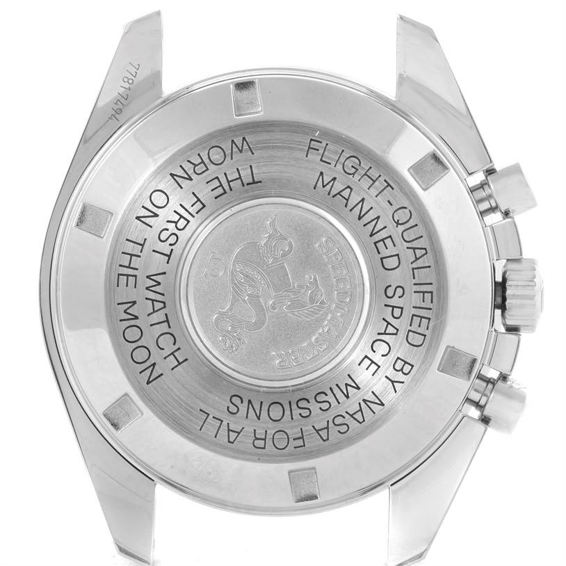 The image shows the back case of the Omega Speedmaster 311.30.42.30.01.005 Men
s Stainless Steel Black Dial 311.30.42.30.01.005 Men
s Stainless Steel Black Dial watch, highlighting the engraved text and branding.