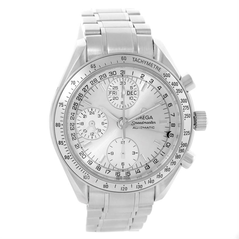 The Omega Speedmaster 3523.30.00 Men
s Stainless Steel Silver Dial 3523.30.00 Men
s Stainless Steel Silver Dial watch is shown from a front angle, highlighting its face, chronograph sub-dials, and metal bracelet.