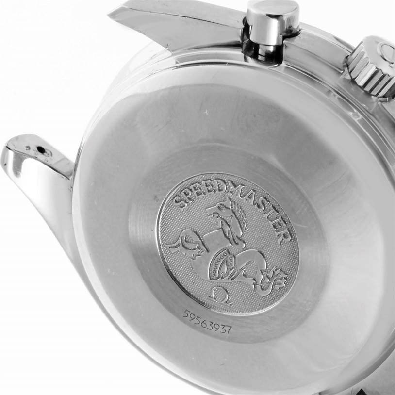 This image shows the back case of an Omega Speedmaster 3523.30.00 Men
s Stainless Steel Silver Dial 3523.30.00 Men
s Stainless Steel Silver Dial watch, highlighting the engraved logo and model details.