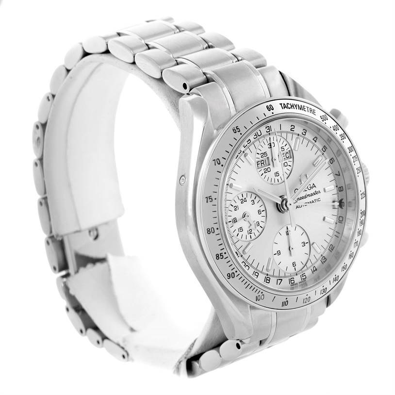 The image shows an angled view of the Omega Speedmaster 3523.30.00 Men
s Stainless Steel Silver Dial 3523.30.00 Men
s Stainless Steel Silver Dial watch, highlighting its stainless steel bracelet, dial, and bezel.