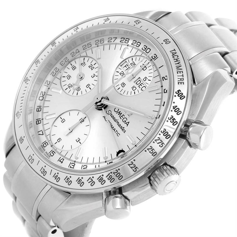The Omega Speedmaster 3523.30.00 Men
s Stainless Steel Silver Dial 3523.30.00 Men
s Stainless Steel Silver Dial watch is pictured at an angled side view, displaying its tachymeter bezel, sub-dials, and stainless steel bracelet.