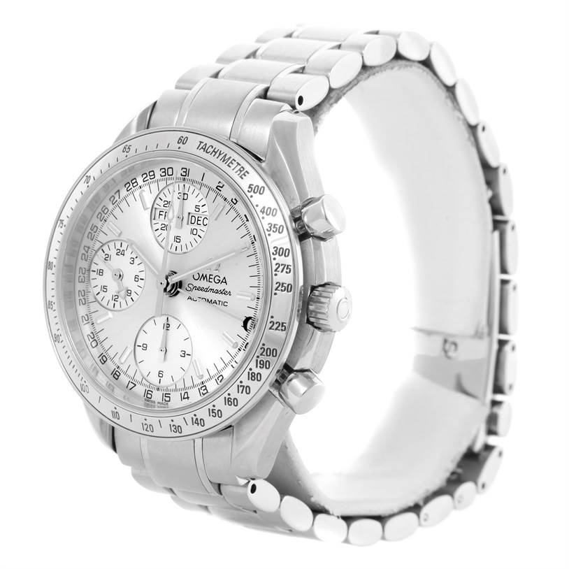 The image shows a side and front view of an Omega Speedmaster 3523.30.00 Men
s Stainless Steel Silver Dial 3523.30.00 Men
s Stainless Steel Silver Dial watch, highlighting the face, crown, pushers, and metal bracelet.