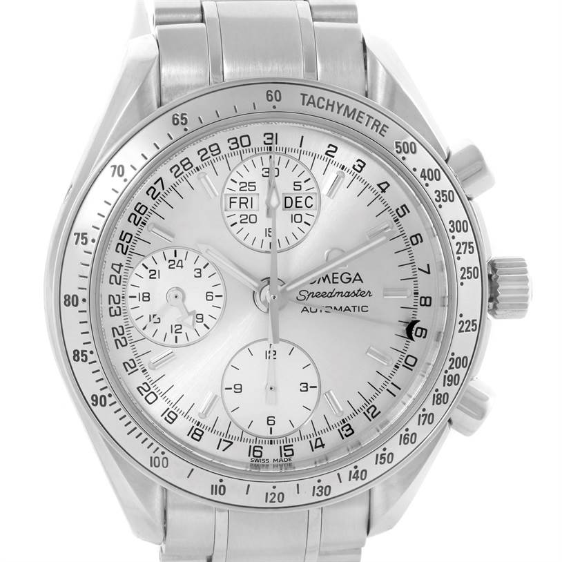 The image shows a frontal view of the Omega Speedmaster 3523.30.00 Men
s Stainless Steel Silver Dial 3523.30.00 Men
s Stainless Steel Silver Dial watch, highlighting the face, dials, and tachymeter bezel.