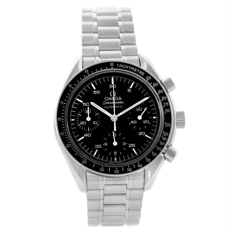 The image shows a front view of an Omega Speedmaster 3510.50.00 Men
s Stainless Steel Black Dial 3510.50.00 Men
s Stainless Steel Black Dial watch, displaying its dial, bezel, crown, and metallic bracelet.