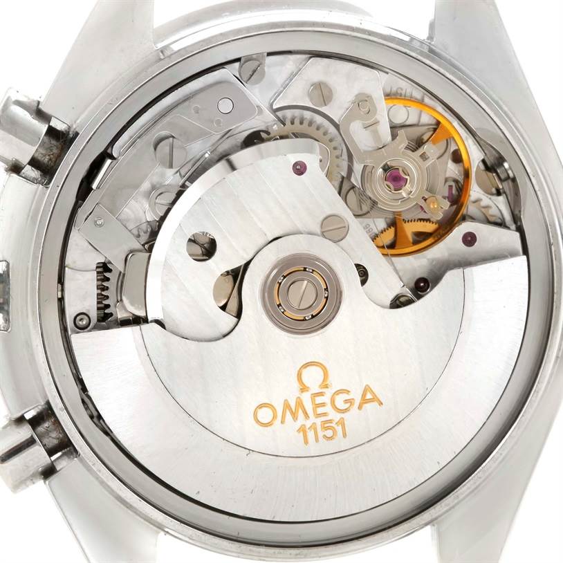 The image shows the back view of an Omega Speedmaster 3521.30.00 Men
s Stainless Steel Silver Dial 3521.30.00 Men
s Stainless Steel Silver Dial watch, revealing its 1151 automatic movement.