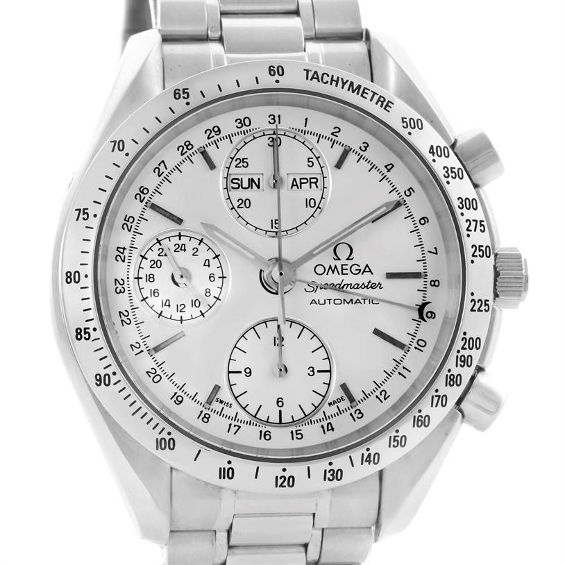 The image shows a front view of an Omega Speedmaster 3521.30.00 Men
s Stainless Steel Silver Dial 3521.30.00 Men
s Stainless Steel Silver Dial watch, highlighting its face, hands, sub-dials, and tachymeter bezel.