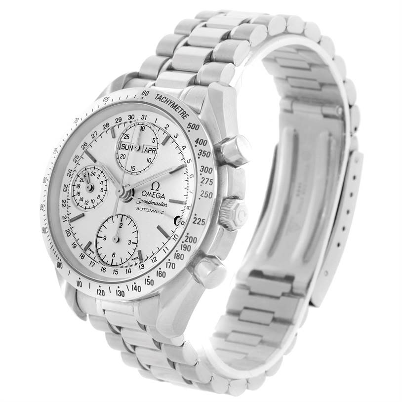 The image shows an Omega Speedmaster 3521.30.00 Men
s Stainless Steel Silver Dial 3521.30.00 Men
s Stainless Steel Silver Dial watch from an angled view, highlighting its dial, chronograph subdials, bezel, and bracelet.