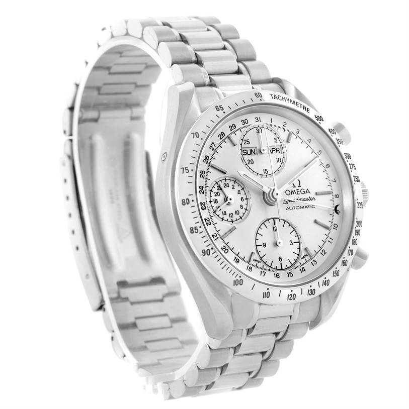 The Omega Speedmaster 3521.30.00 Men
s Stainless Steel Silver Dial 3521.30.00 Men
s Stainless Steel Silver Dial watch is shown at a three-quarter angle, highlighting the face, tachymeter bezel, and metal bracelet.
