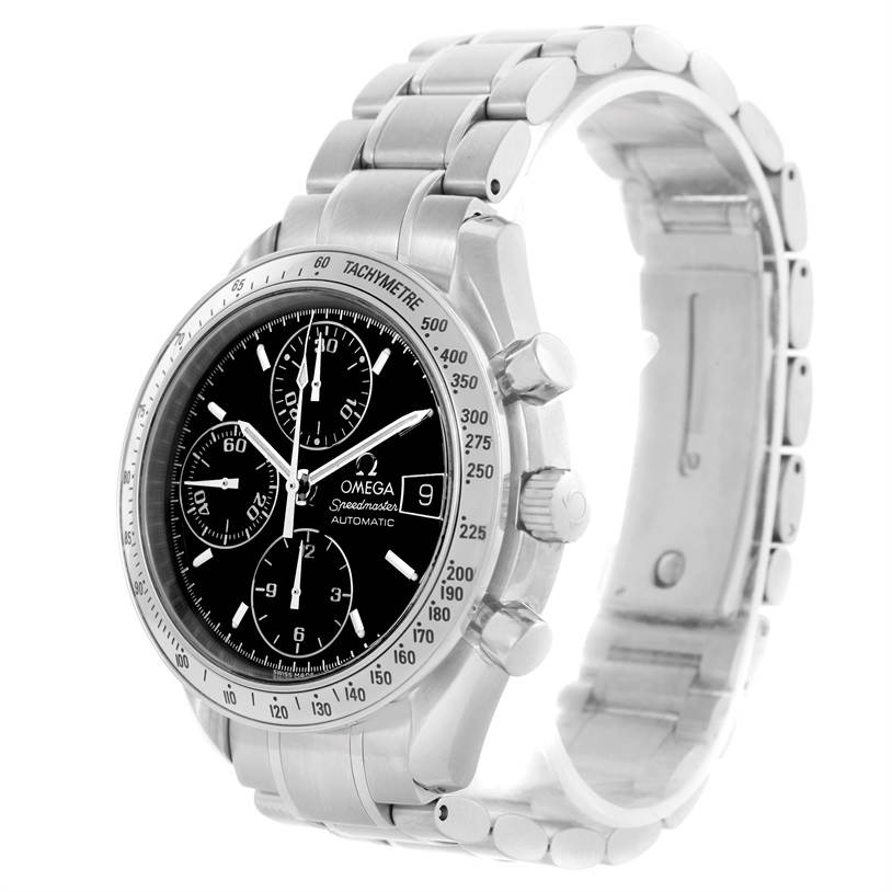The image shows an angled side view of the Omega Speedmaster 3513.50.00 Men
s Stainless Steel Black Dial 3513.50.00 Men
s Stainless Steel Black Dial watch, highlighting its dial, bezel, and stainless steel bracelet.