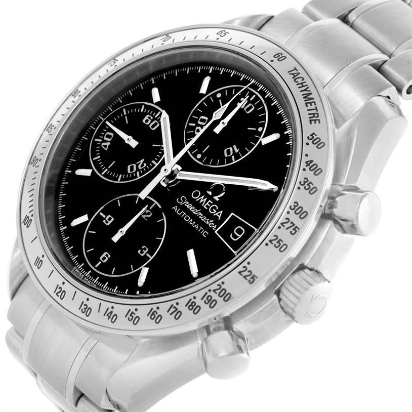 The image shows a close-up, angled view of the face, bezel, and crown of an Omega Speedmaster 3513.50.00 Men
s Stainless Steel Black Dial 3513.50.00 Men
s Stainless Steel Black Dial watch.