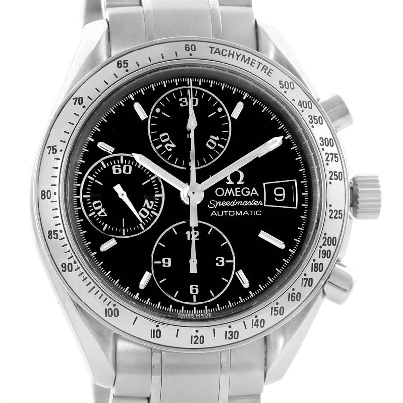This image shows a front view of an Omega Speedmaster 3513.50.00 Men
s Stainless Steel Black Dial 3513.50.00 Men
s Stainless Steel Black Dial watch, detailing the black dial, chronograph features, and tachymeter bezel.