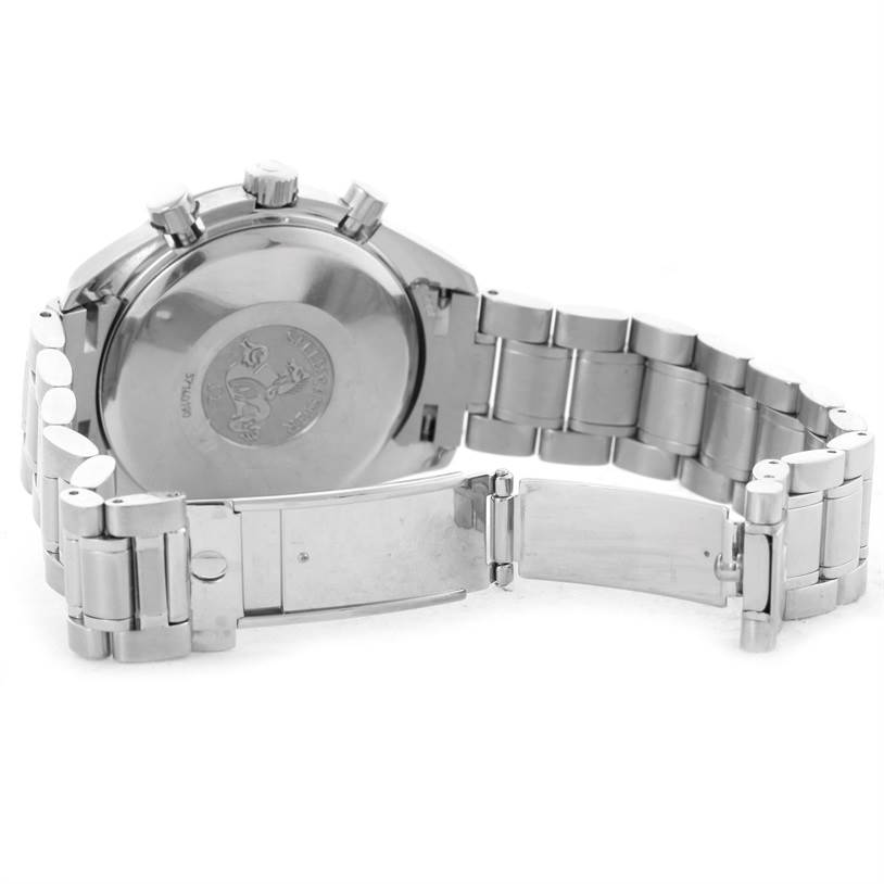 The image shows the back and bracelet of an Omega Speedmaster 3513.50.00 Men
s Stainless Steel Black Dial 3513.50.00 Men
s Stainless Steel Black Dial watch, including the caseback and part of the clasp.