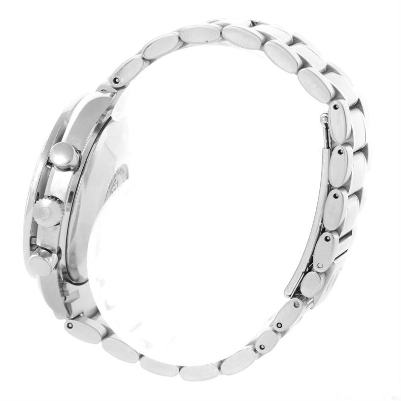 Side view of the Omega Speedmaster 3513.50.00 Men
s Stainless Steel Black Dial 3513.50.00 Men
s Stainless Steel Black Dial watch showing the crown, pushers, and a portion of the bracelet.