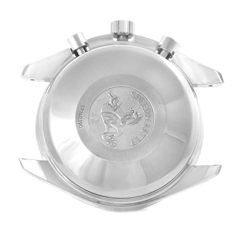 This image shows the rear view of an Omega Speedmaster 3513.50.00 Men
s Stainless Steel Black Dial 3513.50.00 Men
s Stainless Steel Black Dial, highlighting the case back and lugs.