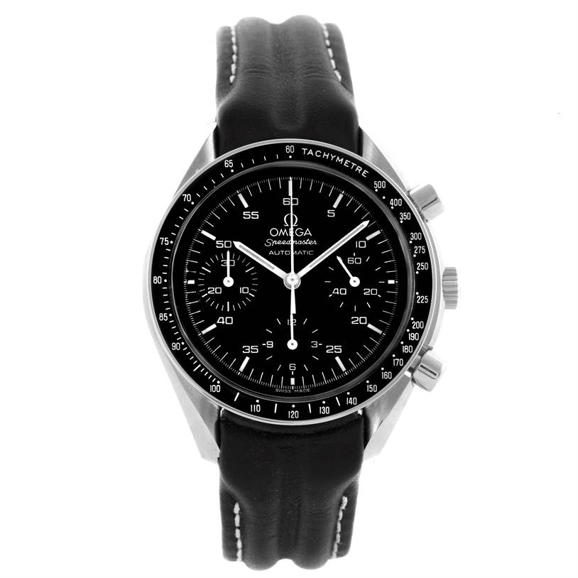 This image shows a front view of the Omega Speedmaster 3510.50.00 Men
s Stainless Steel Black Dial 3510.50.00 Men
s Stainless Steel Black Dial watch, including its face, bezel, and leather strap.