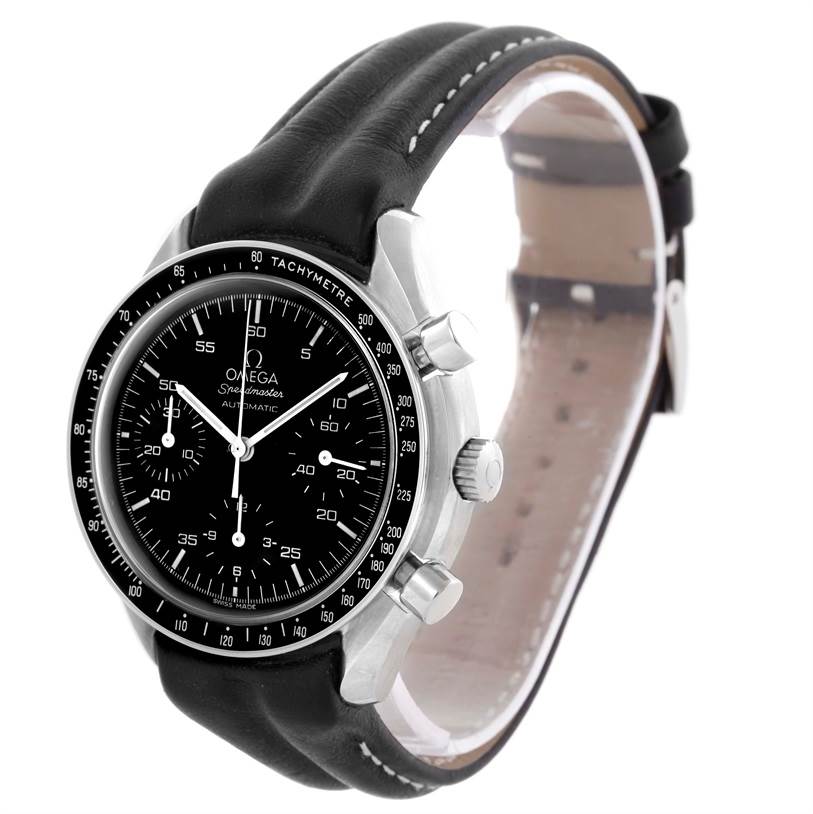 The Omega Speedmaster 3510.50.00 Men
s Stainless Steel Black Dial 3510.50.00 Men
s Stainless Steel Black Dial watch is shown at an angle, highlighting its black dial, tachymeter bezel, and leather strap.