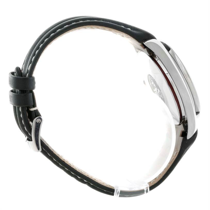 This side view of the Omega Speedmaster 3510.50.00 Men
s Stainless Steel Black Dial 3510.50.00 Men
s Stainless Steel Black Dial watch shows the case, bezel, and leather strap.