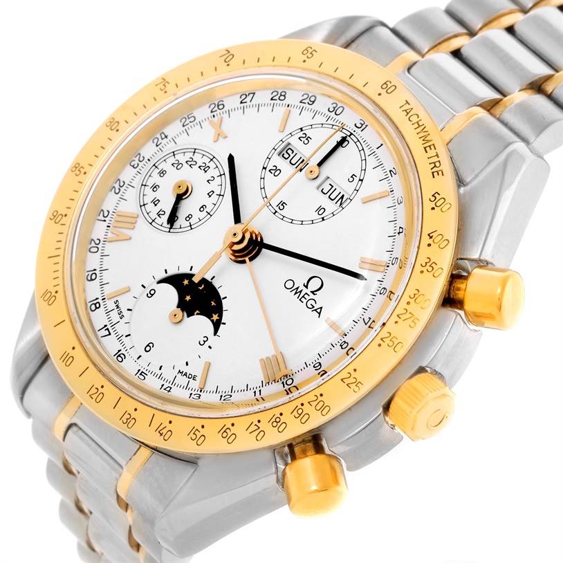 The Omega Speedmaster 3330.20.00 Men
s Stainless Steel White Dial 3330.20.00 Men
s Stainless Steel White Dial watch is shown at an angle, highlighting its gold bezel, white dial, chronograph subdials, and two-tone bracelet.