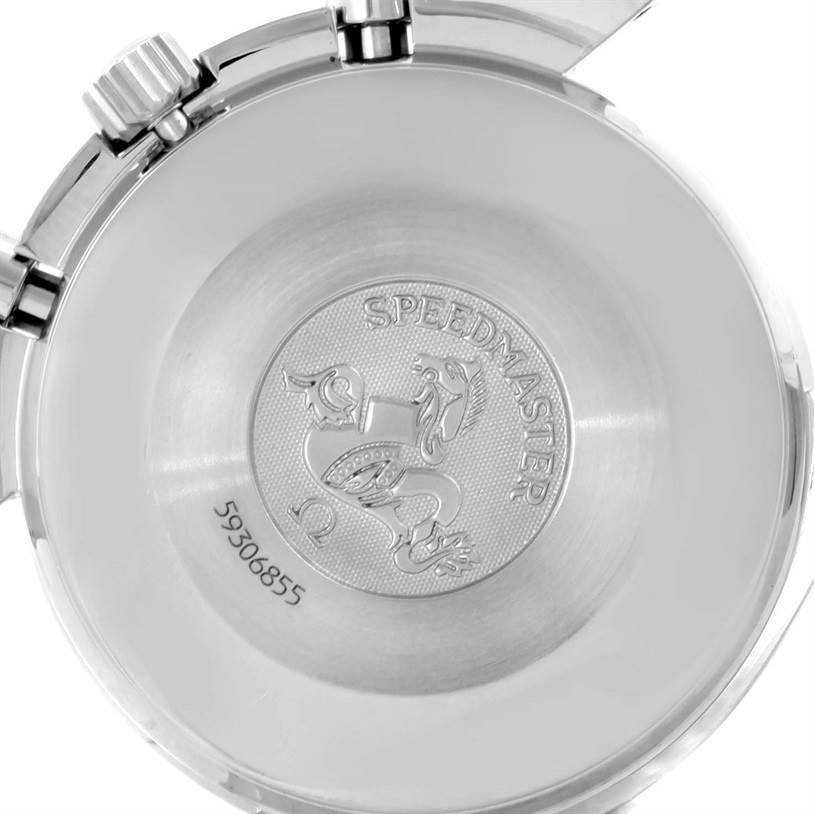 This is a close-up view of the Omega Speedmaster 3510.50.00 Men
s Stainless Steel Black Dial 3510.50.00 Men
s Stainless Steel Black Dial watch case back and crown.