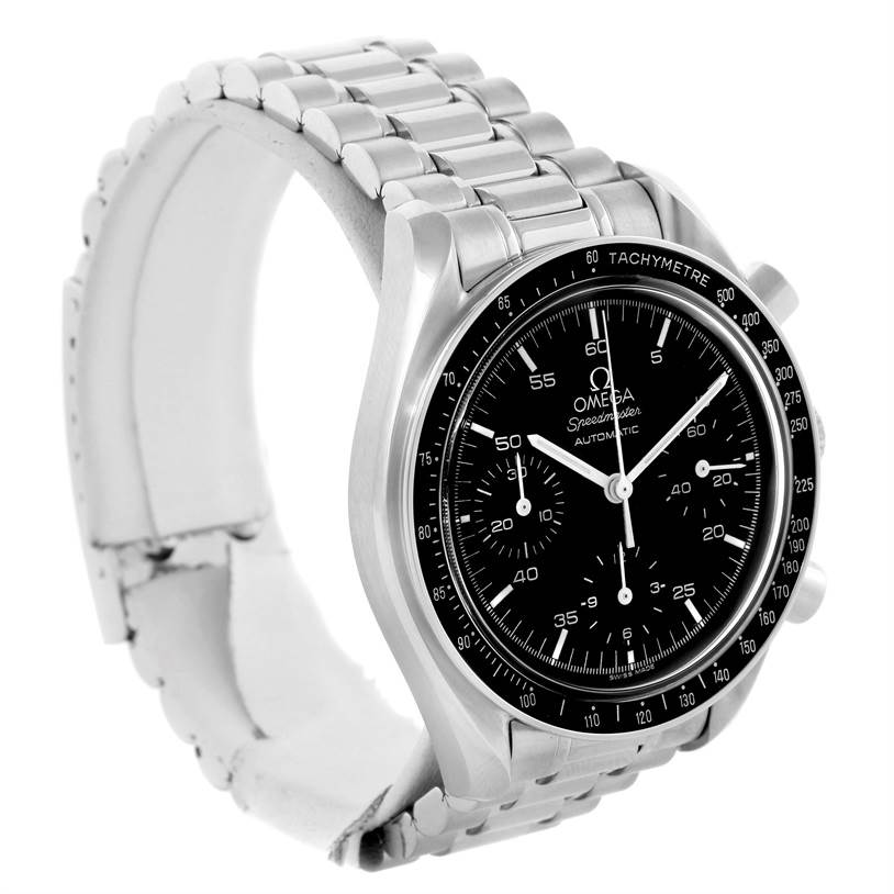 This Omega Speedmaster 3510.50.00 Men
s Stainless Steel Black Dial 3510.50.00 Men
s Stainless Steel Black Dial watch is shown at a slight left side angle, revealing the dial, bezel, and part of the bracelet.