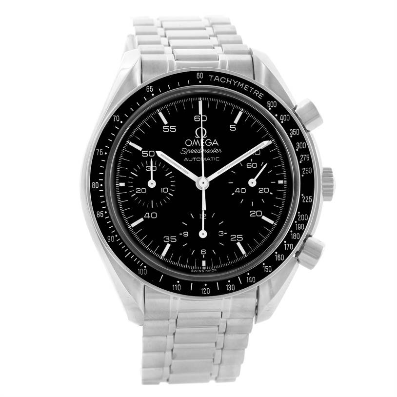 The image shows a front view of an Omega Speedmaster 3510.50.00 Men
s Stainless Steel Black Dial 3510.50.00 Men
s Stainless Steel Black Dial watch, highlighting the dial, bezel, chronograph subdials, and bracelet.