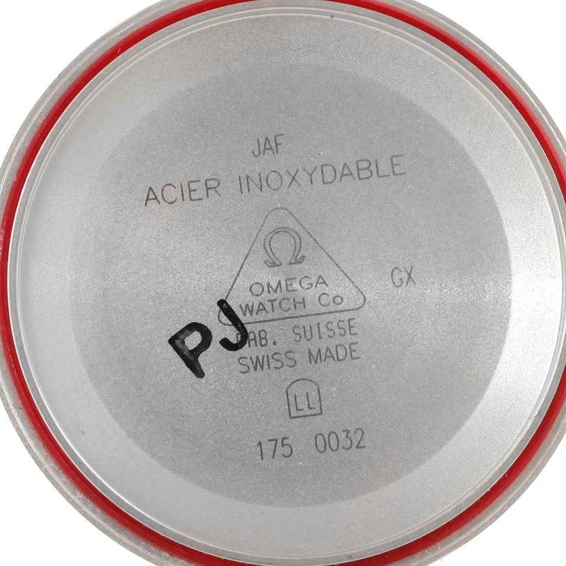 This image shows the interior case back of an Omega Speedmaster 3510.50.00 Men
s Stainless Steel Black Dial 3510.50.00 Men
s Stainless Steel Black Dial watch, displaying various inscriptions and markings.