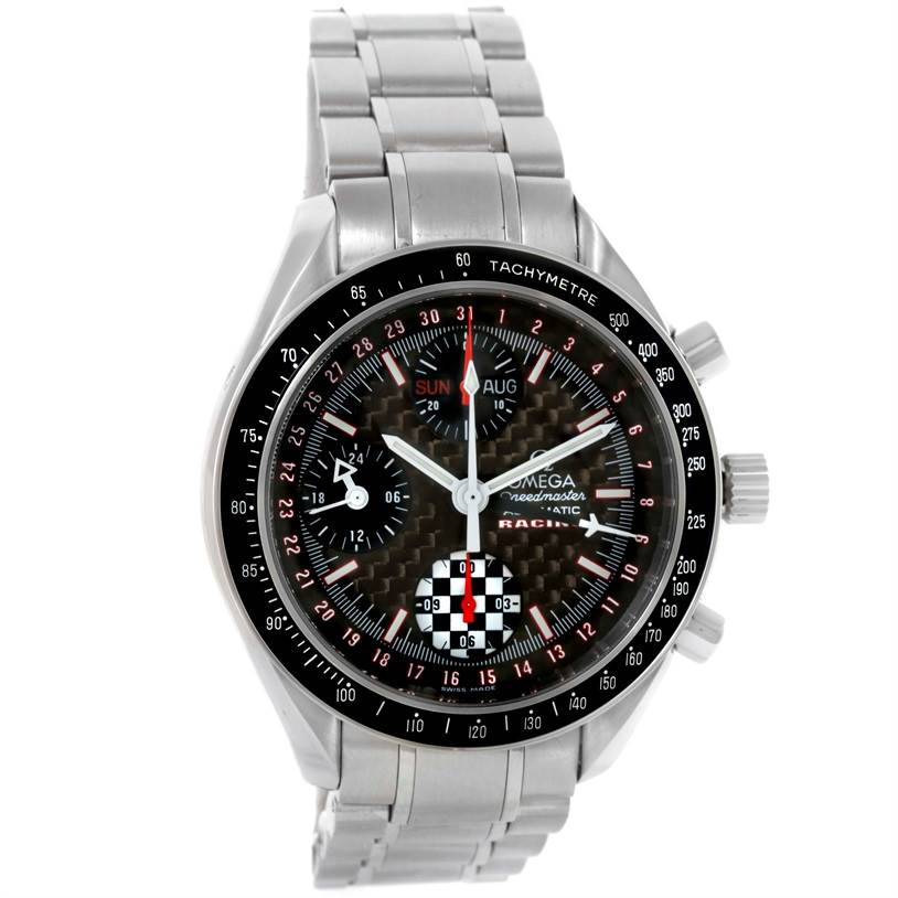 The image shows a front view of an Omega Speedmaster 3529.50.00 Men
s Stainless Steel Black Dial 3529.50.00 Men
s Stainless Steel Black Dial watch, highlighting the dial, bezel, and metal bracelet.