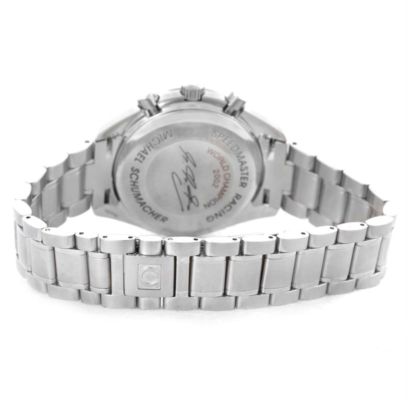 The image shows the back view of the Omega Speedmaster 3529.50.00 Men
s Stainless Steel Black Dial 3529.50.00 Men
s Stainless Steel Black Dial watch, highlighting the case back and stainless steel bracelet.