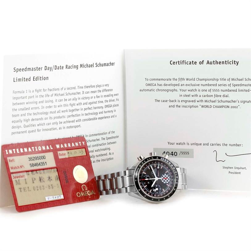 The image shows an Omega Speedmaster 3529.50.00 Men
s Stainless Steel Black Dial 3529.50.00 Men
s Stainless Steel Black Dial watch lying flat with its band extended, alongside warranty cards and a certificate of Best Quality
ity.