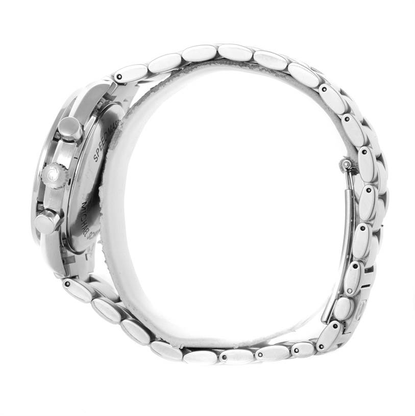 The image shows a side view of the Speedmaster model by Omega, highlighting the case, bezel, and bracelet.