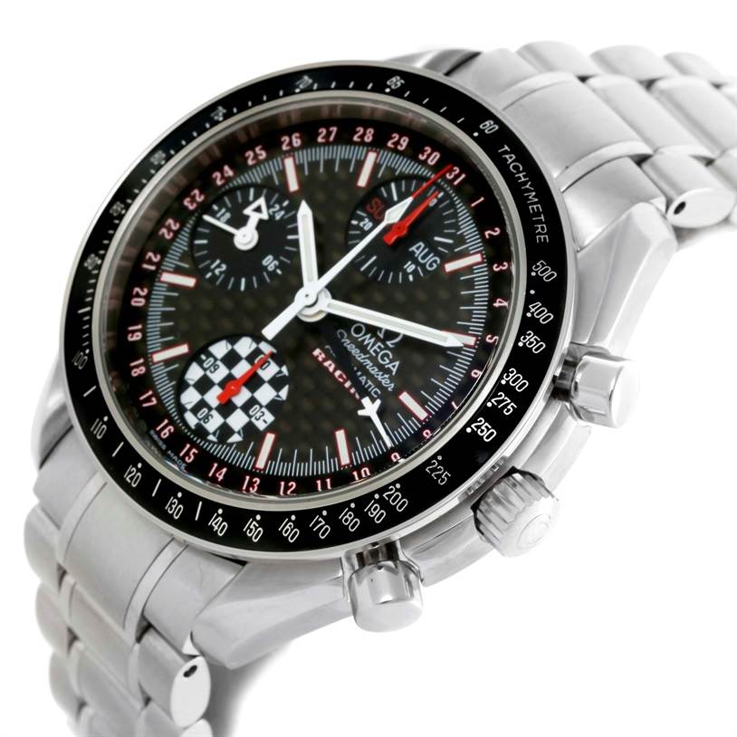 The Omega Speedmaster 3529.50.00 Men
s Stainless Steel Black Dial 3529.50.00 Men
s Stainless Steel Black Dial watch is shown at a slightly tilted angle, displaying its face, bezel, and bracelet.