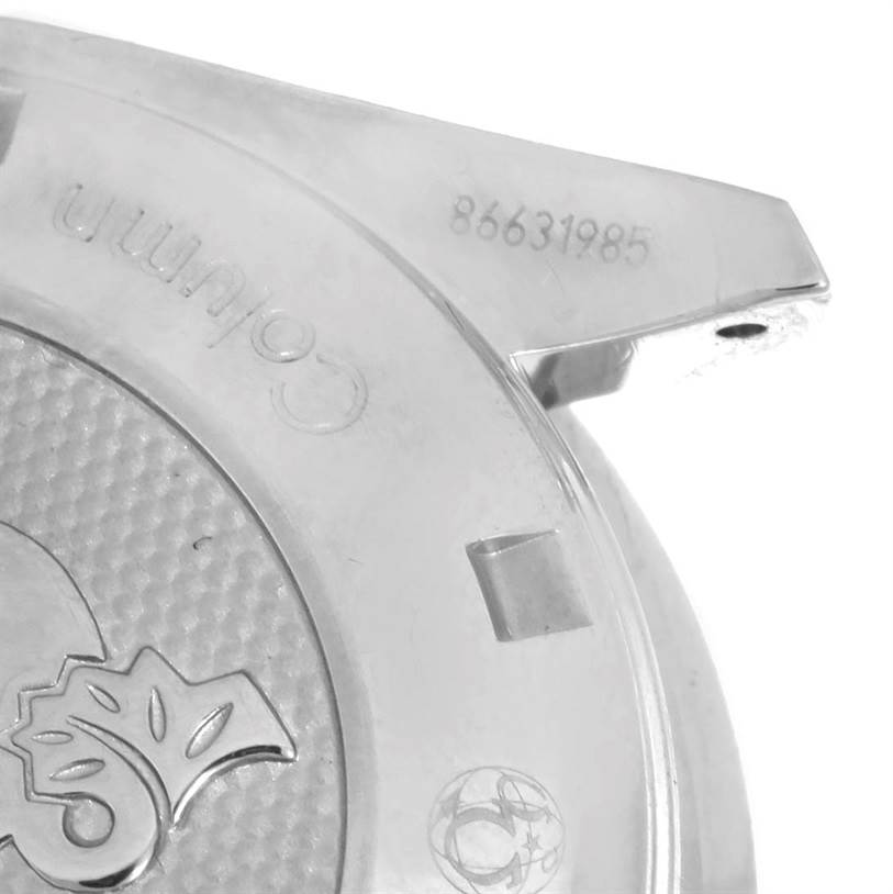 A close-up of the Omega Speedmaster 326.30.40.50.01.001 Men
s Stainless Steel Black Dial 326.30.40.50.01.001 Men
s Stainless Steel Black Dial case back, showing engravings and logos.