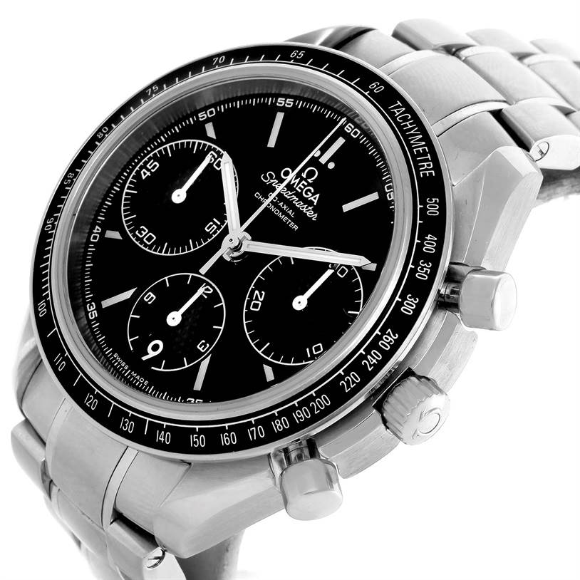 The image shows an Omega Speedmaster 326.30.40.50.01.001 Men
s Stainless Steel Black Dial 326.30.40.50.01.001 Men
s Stainless Steel Black Dial watch at an angled view, with the face, bezel, pushers, and stainless steel bracelet clearly visible.