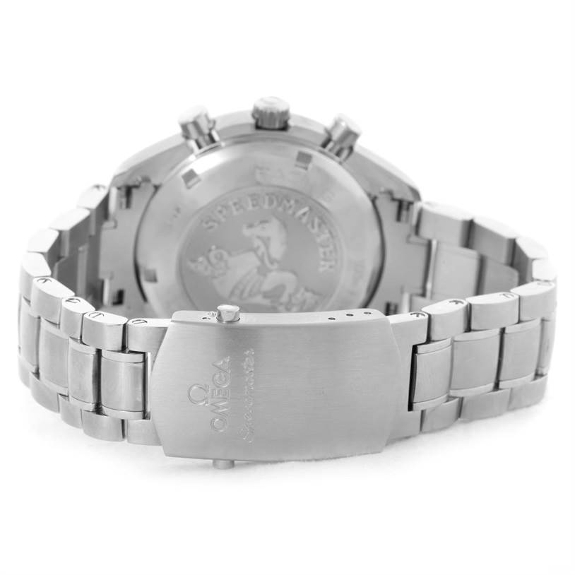The image shows the back view of an Omega Speedmaster 326.30.40.50.01.001 Men
s Stainless Steel Black Dial 326.30.40.50.01.001 Men
s Stainless Steel Black Dial watch, highlighting its clasp, bracelet, and case back.