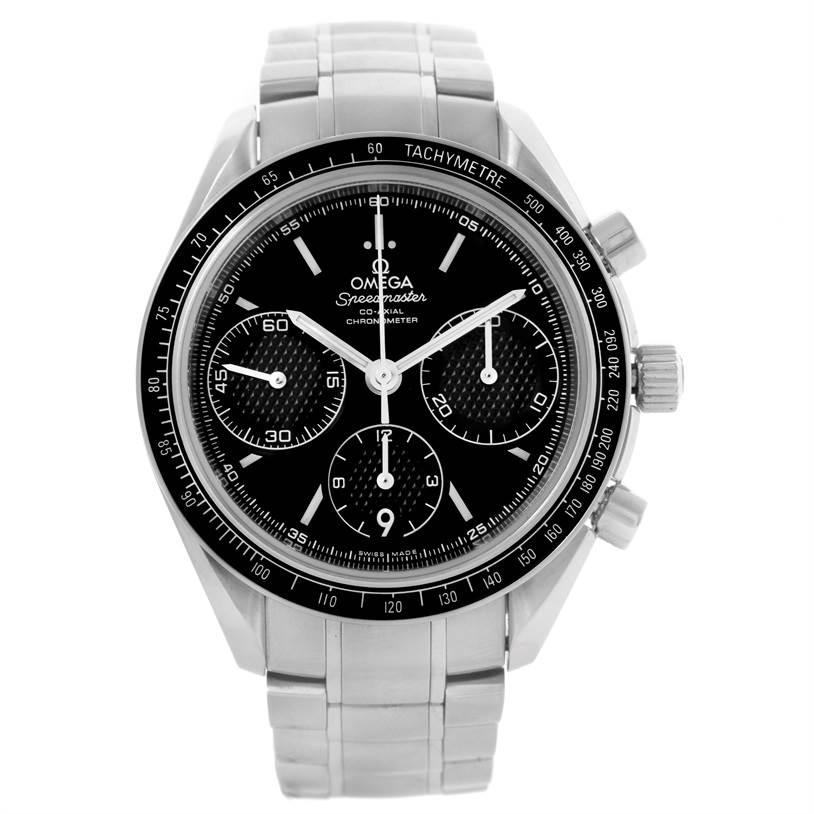 The image shows a front view of an Omega Speedmaster 326.30.40.50.01.001 Men
s Stainless Steel Black Dial 326.30.40.50.01.001 Men
s Stainless Steel Black Dial watch, displaying its dial, bezel, and metal bracelet.