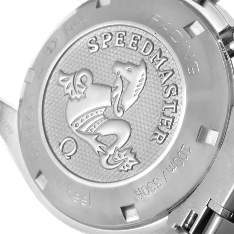 This image shows the back case of the Omega Speedmaster 326.30.40.50.01.001 Men
s Stainless Steel Black Dial 326.30.40.50.01.001 Men
s Stainless Steel Black Dial watch with its logo and model details.