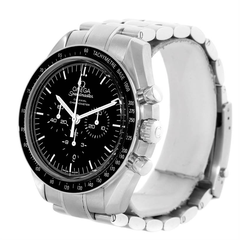 The image shows the Omega Speedmaster 311.30.44.50.01.002 Men
s Stainless Steel Black Dial 311.30.44.50.01.002 Men
s Stainless Steel Black Dial watch from a front-side angle, highlighting the dial, bezel, and part of the bracelet.