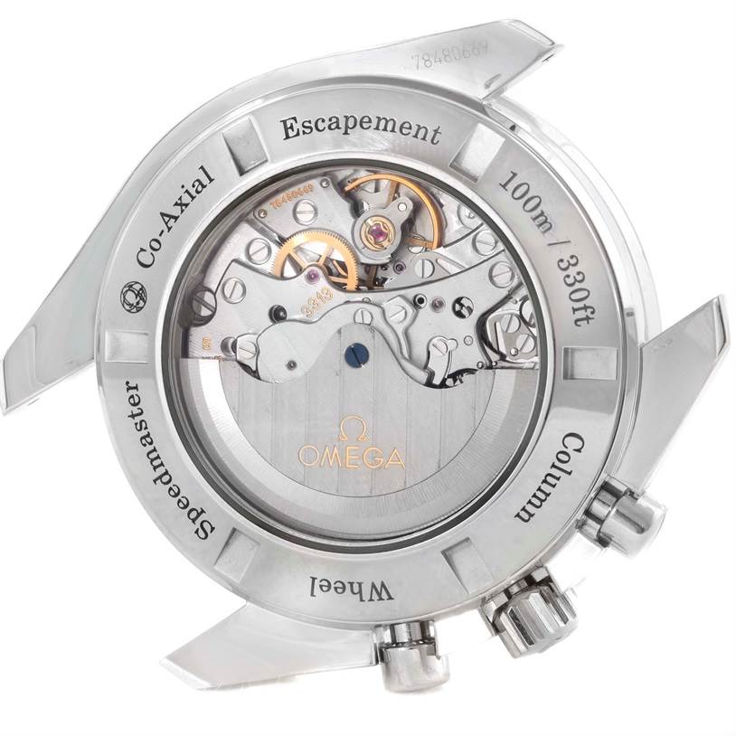 The image shows the back view of an Omega Speedmaster 311.30.44.50.01.002 Men
s Stainless Steel Black Dial 311.30.44.50.01.002 Men
s Stainless Steel Black Dial watch, highlighting the internal movement and components.