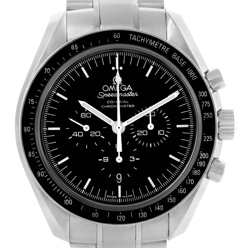 The image shows a front view of the Omega Speedmaster 311.30.44.50.01.002 Men
s Stainless Steel Black Dial 311.30.44.50.01.002 Men
s Stainless Steel Black Dial watch, detailing its dial, bezel, and chronograph functions.