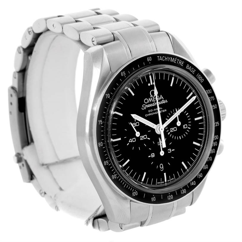 The Omega Speedmaster 311.30.44.50.01.002 Men
s Stainless Steel Black Dial 311.30.44.50.01.002 Men
s Stainless Steel Black Dial watch is shown at a slight left-side angle, displaying the dial, bezel, case, and part of the bracelet.