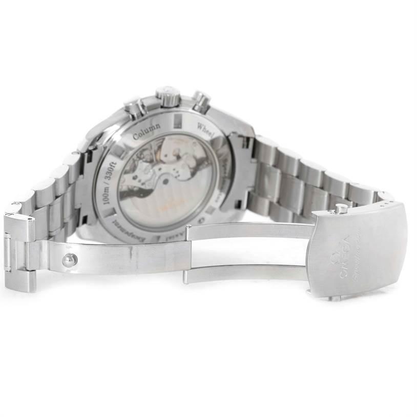 The Omega Speedmaster 311.30.44.50.01.002 Men
s Stainless Steel Black Dial 311.30.44.50.01.002 Men
s Stainless Steel Black Dial watch is shown from the back, highlighting its open case back, movement, and partially opened metal bracelet.