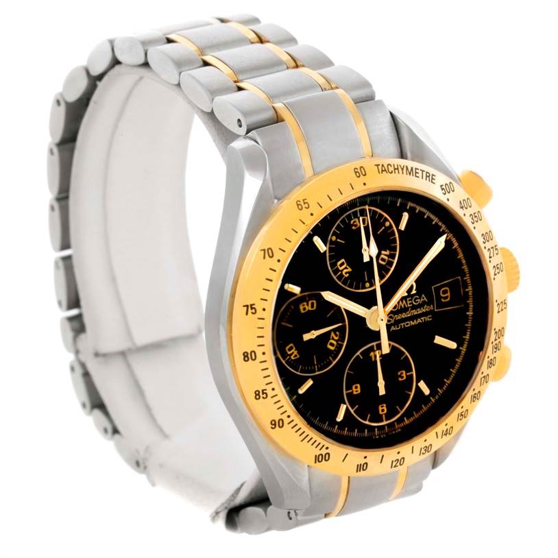 This Omega Speedmaster 3313.50.00 Men's Steel and Gold (two tone) Black Dial 3313.50.00 Men's Steel and Gold (two tone) Black Dial watch is shown at a 3/4 angle, highlighting its bracelet, bezel, and chronograph face.