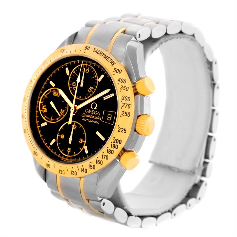 This Omega Speedmaster 3313.50.00 Men's Steel and Gold (two tone) Black Dial 3313.50.00 Men's Steel and Gold (two tone) Black Dial watch is shown at a three-quarter angle, featuring the face, bezel, crown, and part of the bracelet.
