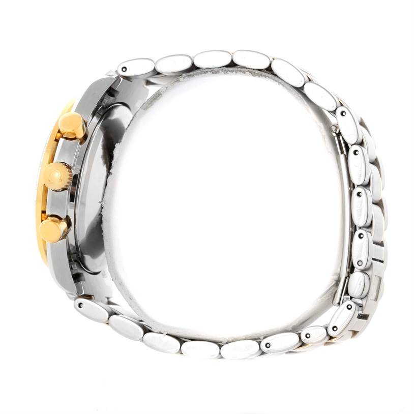 The image shows a side profile view of an Omega Speedmaster 3313.50.00 Men's Steel and Gold (two tone) Black Dial 3313.50.00 Men's Steel and Gold (two tone) Black Dial watch, highlighting the stainless steel bracelet and golden pushers.