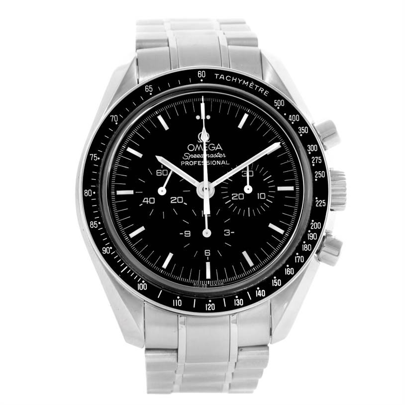 The image shows a frontal view of the Omega Speedmaster 3573.50.00 Men
s Stainless Steel Black Dial 3573.50.00 Men
s Stainless Steel Black Dial Professional watch, highlighting the face, bezel, and bracelet.