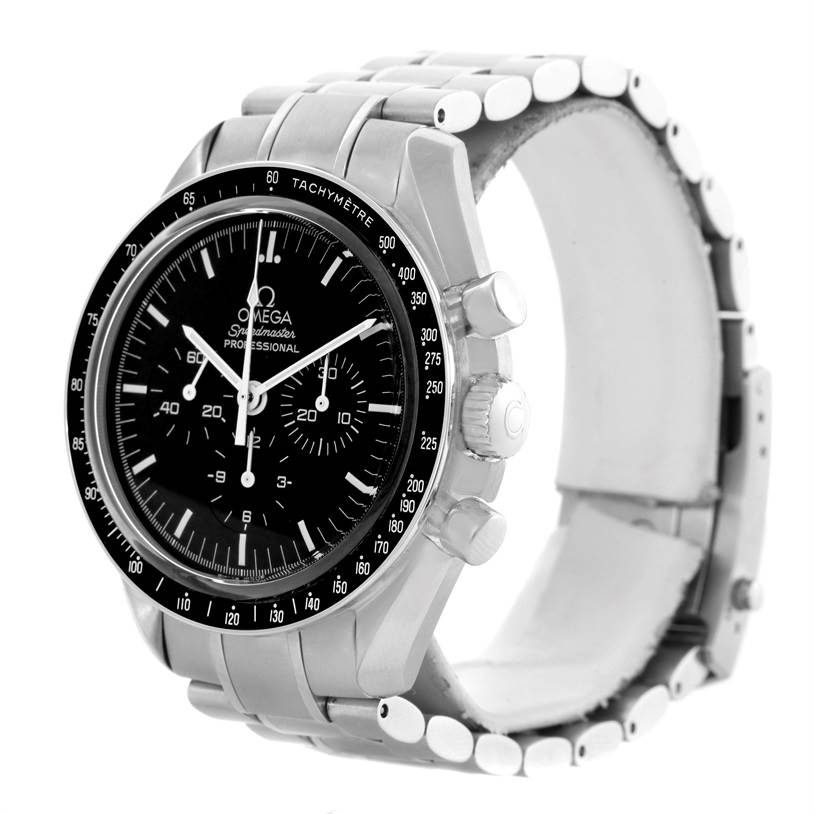 The Omega Speedmaster 3573.50.00 Men
s Stainless Steel Black Dial 3573.50.00 Men
s Stainless Steel Black Dial watch is shown from a three-quarter angle, highlighting the face, crown, and bracelet.