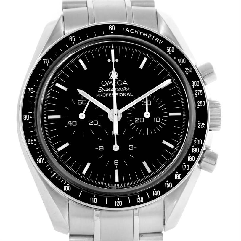 The image shows a front angle view of an Omega Speedmaster 3573.50.00 Men
s Stainless Steel Black Dial 3573.50.00 Men
s Stainless Steel Black Dial watch, highlighting its dial, bezel, and chronograph subdials.